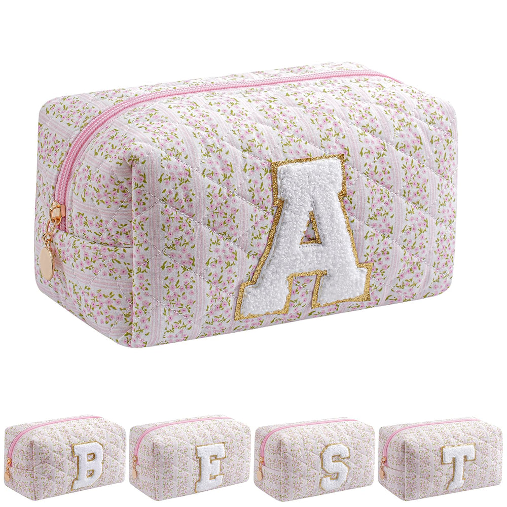 JOVAKIT alphabet makeup bag front view in pink floral design for stylish daily use