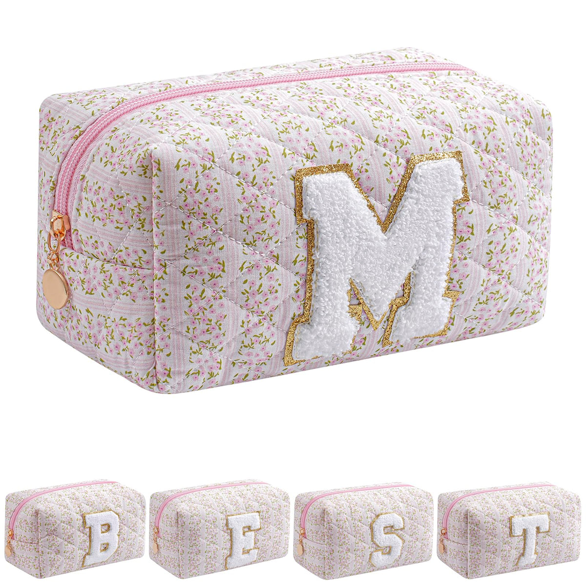 JOVAKIT Alphabet makeup bag pink floral close-up organized for travel use.