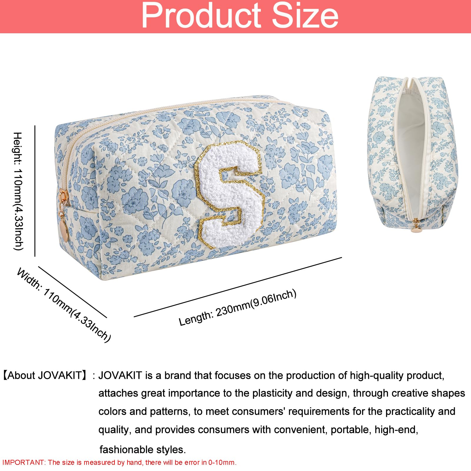 JOVAKIT Alphabet Makeup Bag durable interior lining supports travel gear.