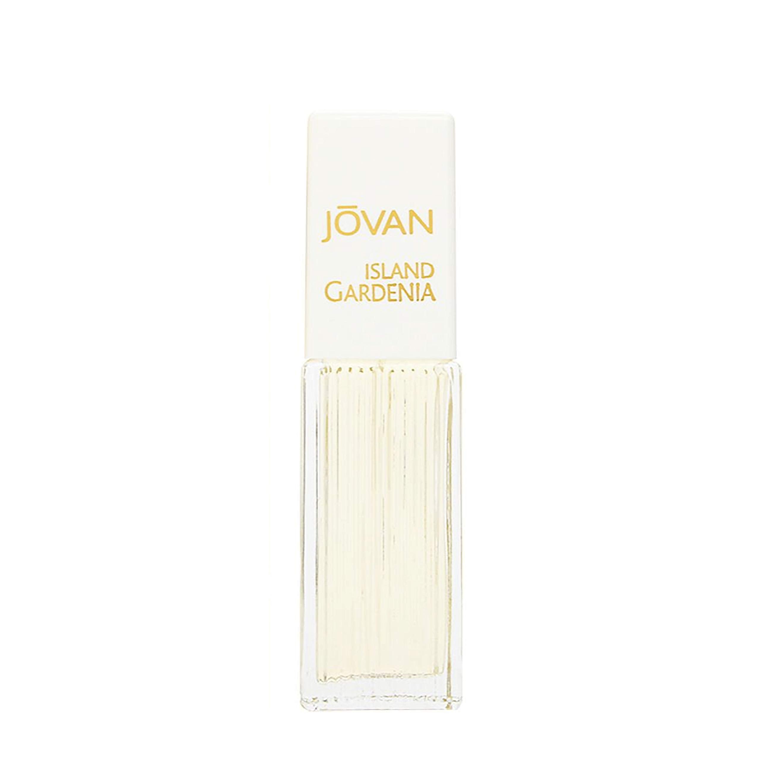 Jovan Island Gardenia glass bottle on vanity premium packaging