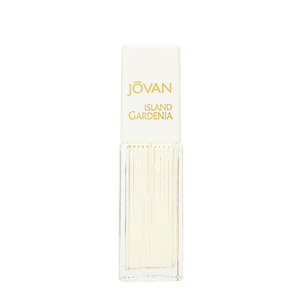 Jovan Island Gardenia glass bottle on vanity premium packaging