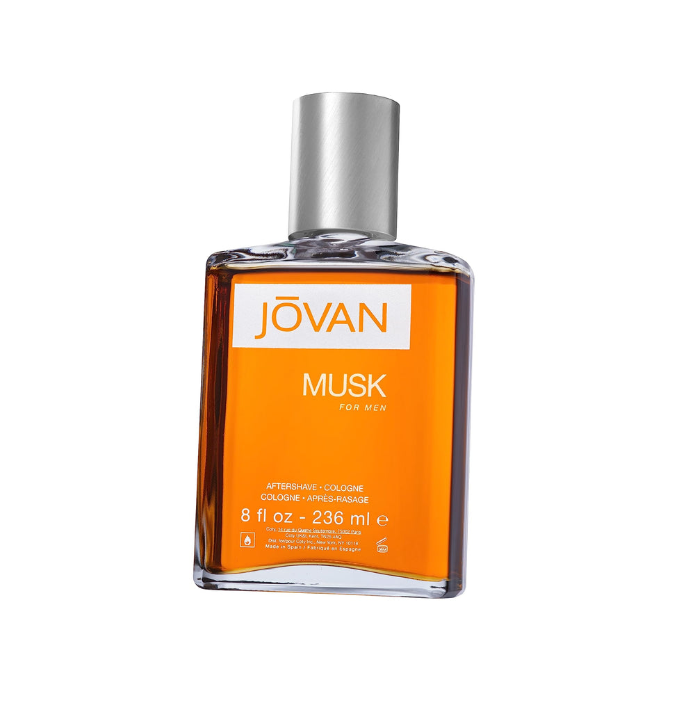 Jovan Musk for Men bottle front with bold amber hue for all-day fragrance