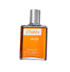 Jovan Musk for Men bottle front with bold amber hue for all-day fragrance