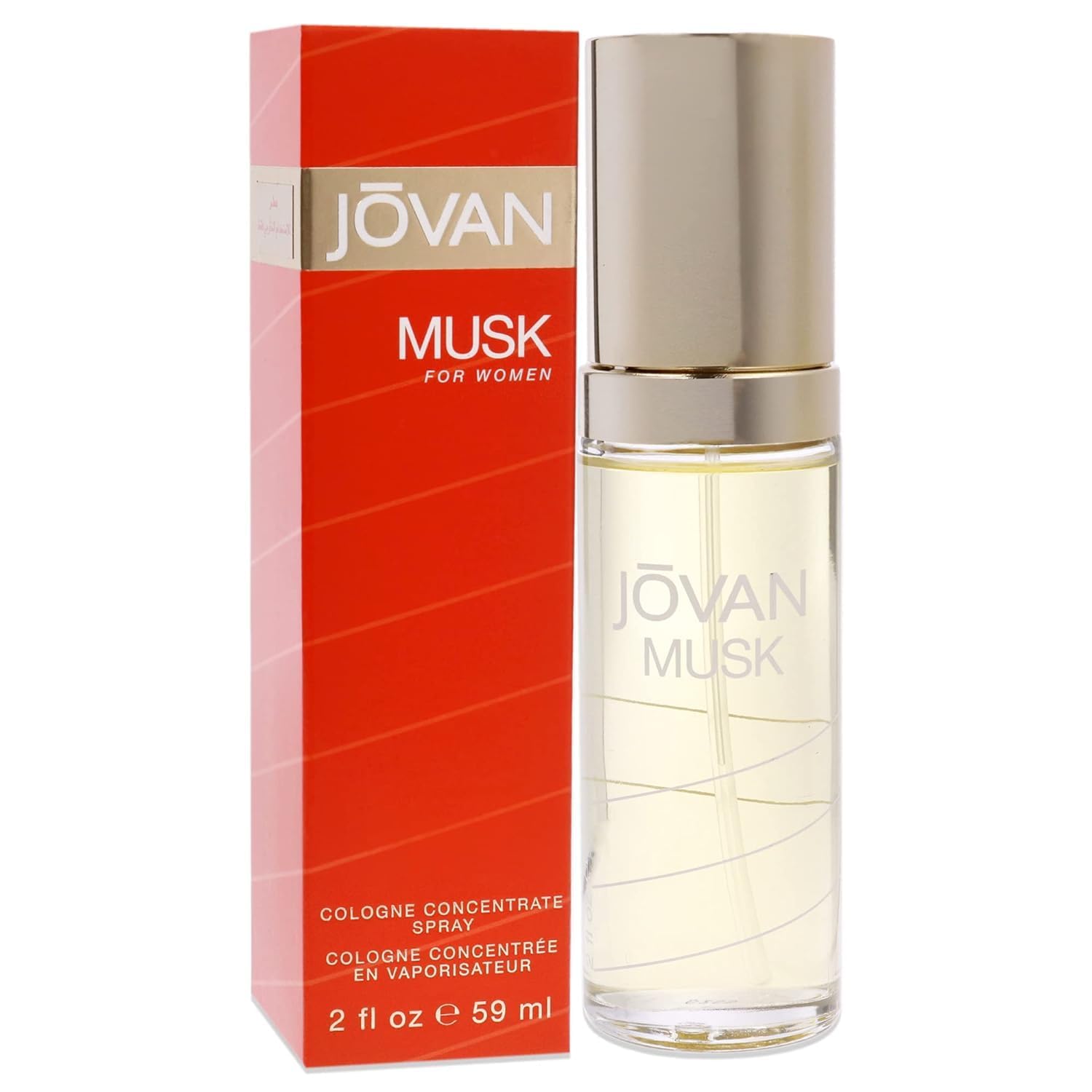 Jovan Musk for Women eau de cologne bottle with sleek glass design and all-day fragrance.
