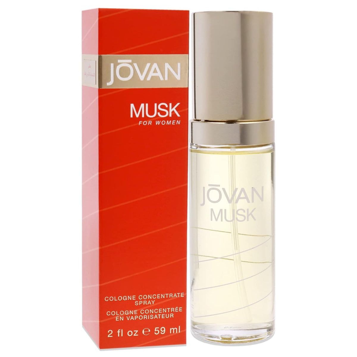Jovan Musk for Women eau de cologne bottle with sleek glass design and all-day fragrance.