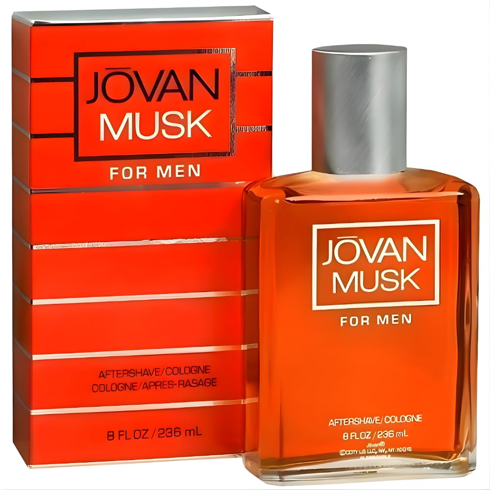 Jovan Musk for Men aftershave bottle, 8 oz, classic musk fragrance.