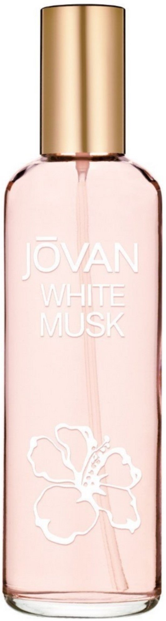 Jovan White Musk bottle, pale rose hue, long-lasting everyday wear.