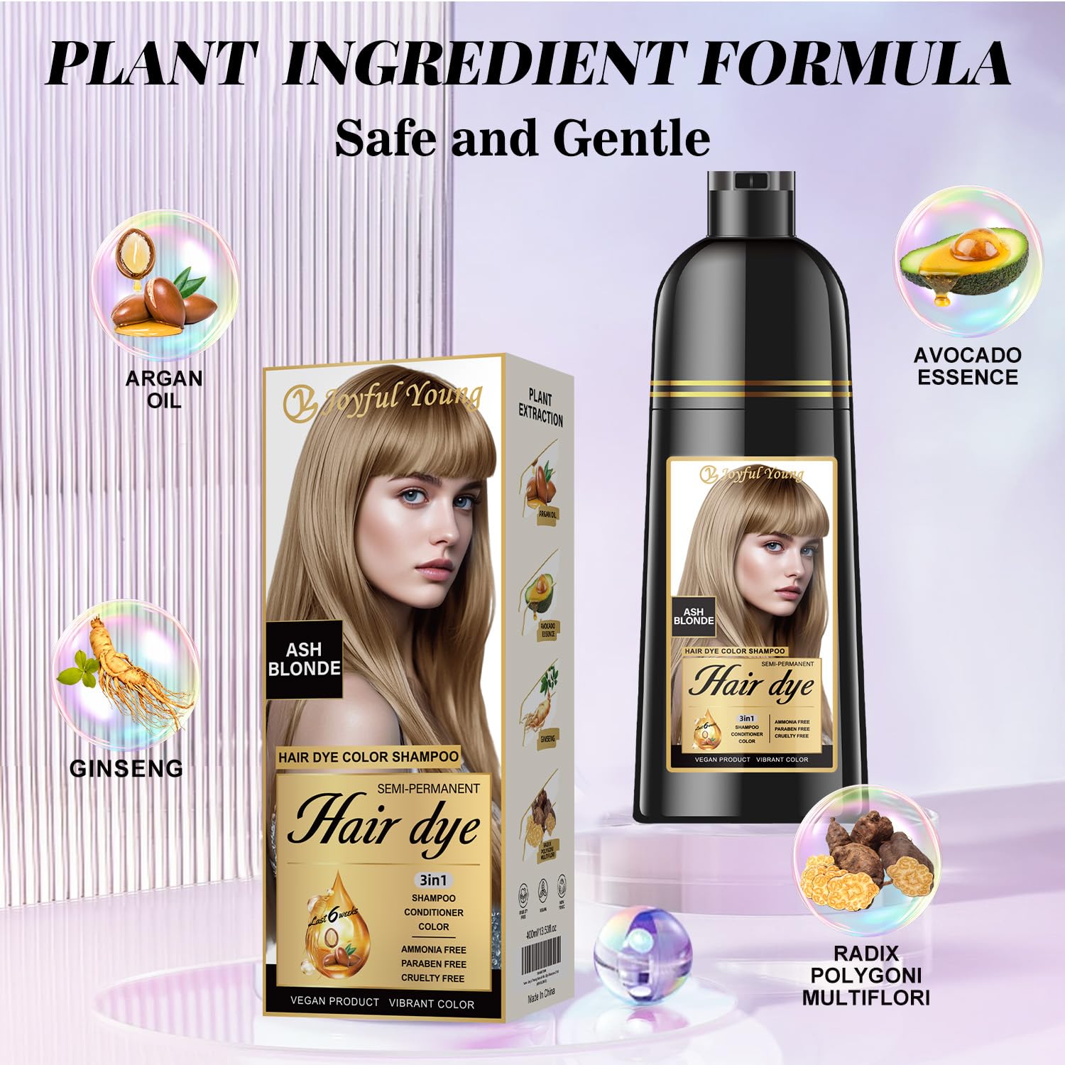 Joyful Young ash-blonde shampoo application demonstrates easy 3-in-1 gray coverage.