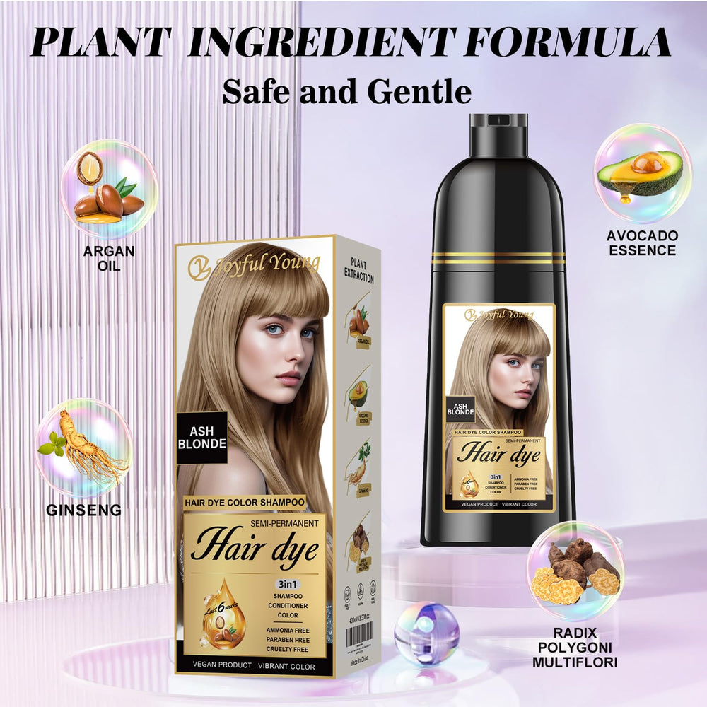 Joyful Young ash-blonde shampoo application demonstrates easy 3-in-1 gray coverage.