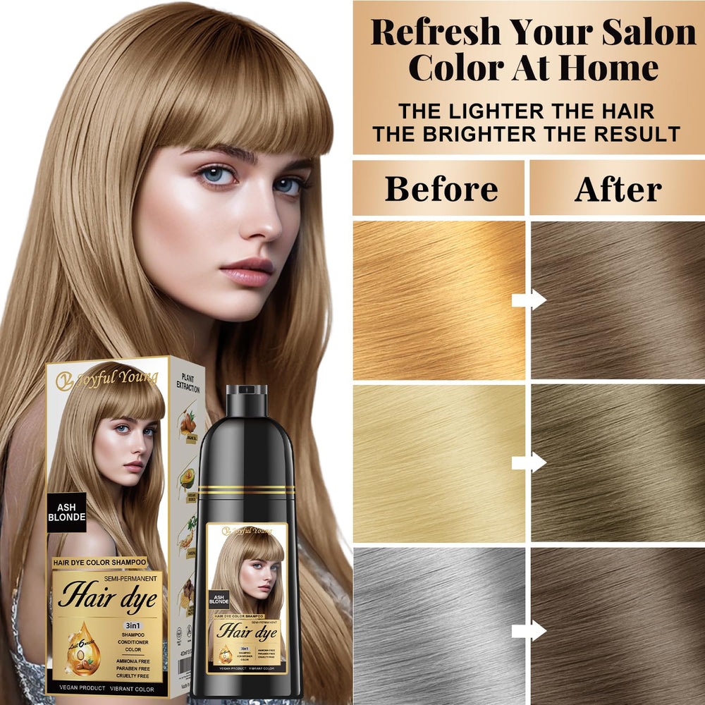 Joyful Young ash-blonde shampoo foamy lather highlights ammonia-free, vegan formula.