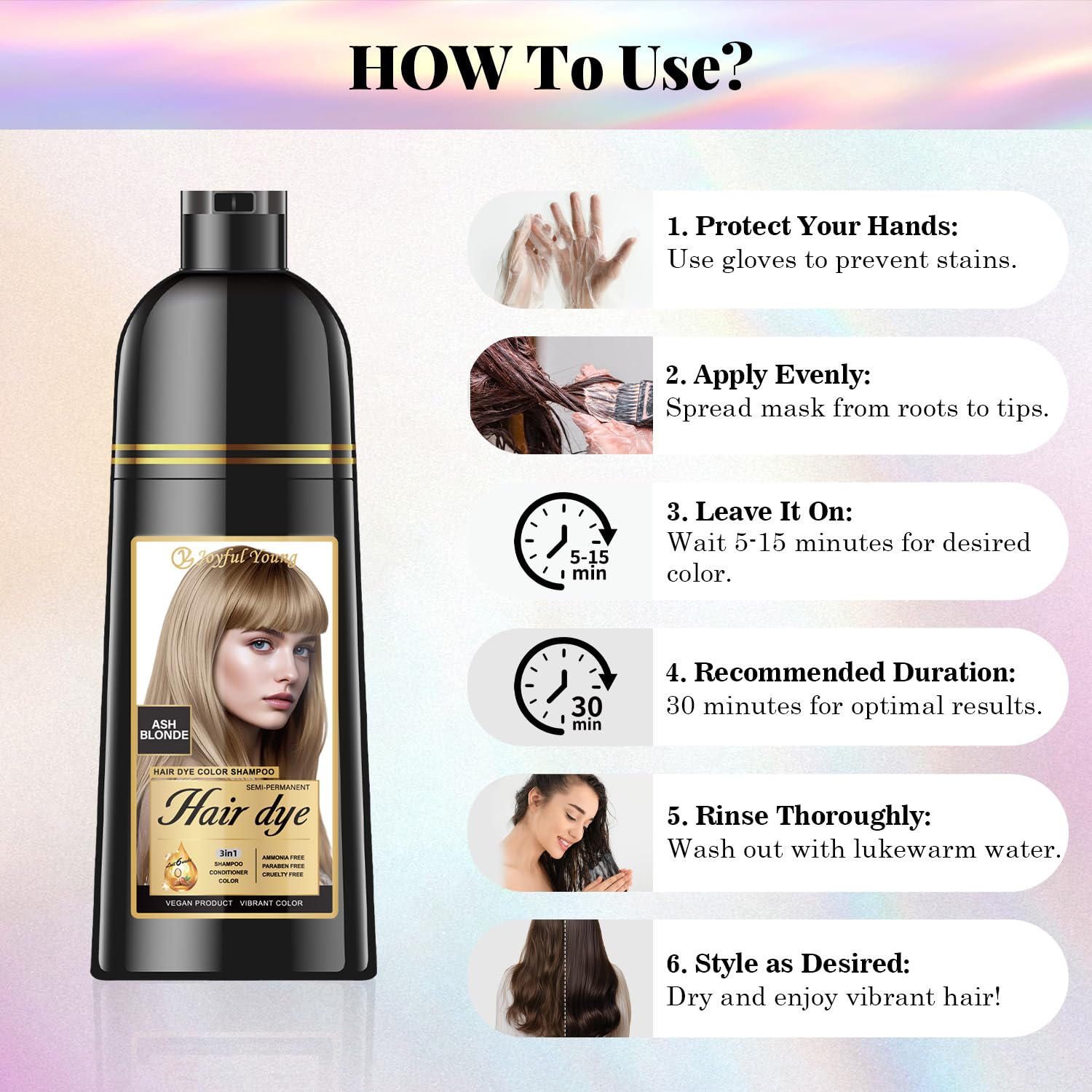 Joyful Young ash-blonde shampoo hair color result shows natural-looking gray coverage.
