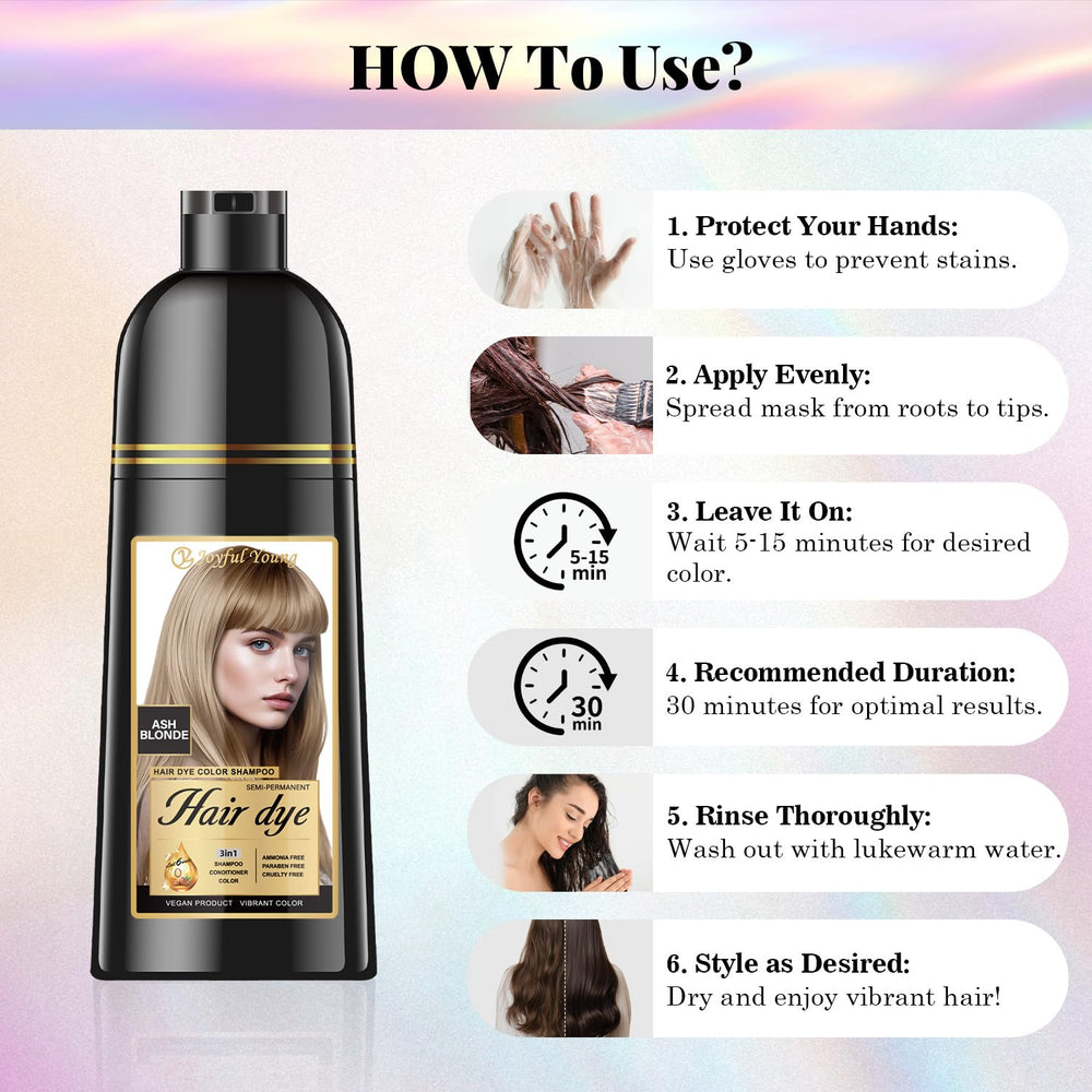 Joyful Young ash-blonde shampoo hair color result shows natural-looking gray coverage.