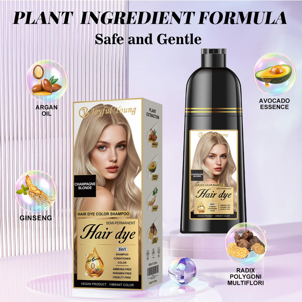 Joyful Young Champagne Blonde Gray Hair Coverage image shows natural blending on roots.