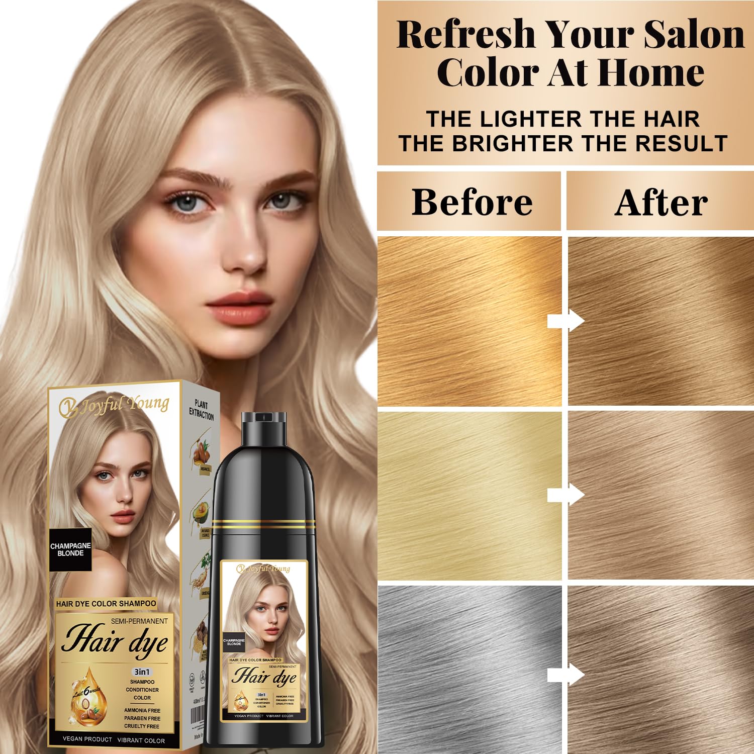 Joyful Young Champagne Blonde Nourishing Formula delivers hydrating care with color.