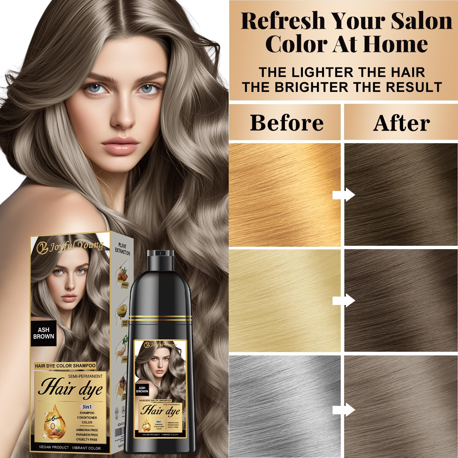 Joyful Young ash brown shampoo lather shows even color and gentle cleansing