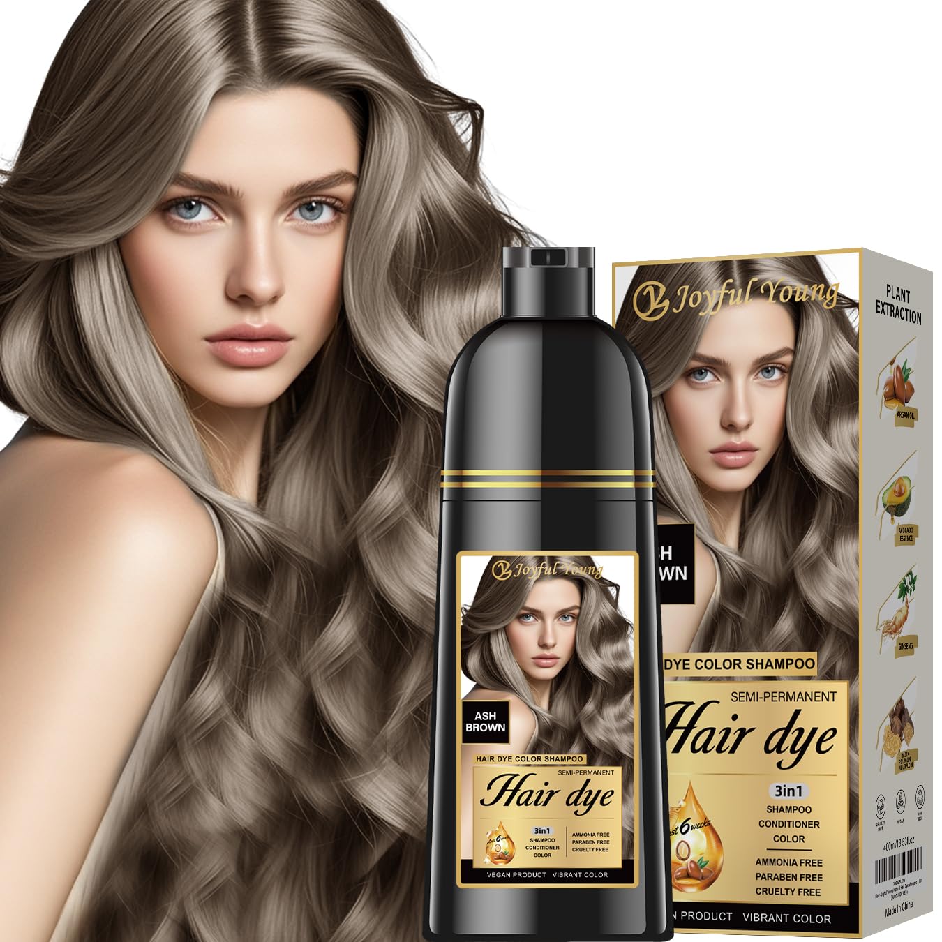 Joyful Young hair dye shampoo ash brown packaging highlights 3-in-1 color and care