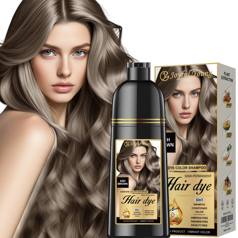 Joyful Young hair dye shampoo ash brown packaging highlights 3-in-1 color and care