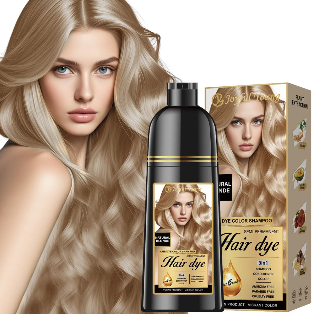 Joyful Young Natural Blonde bottle closeup showing vegan formula for easy at-home color touch-ups.