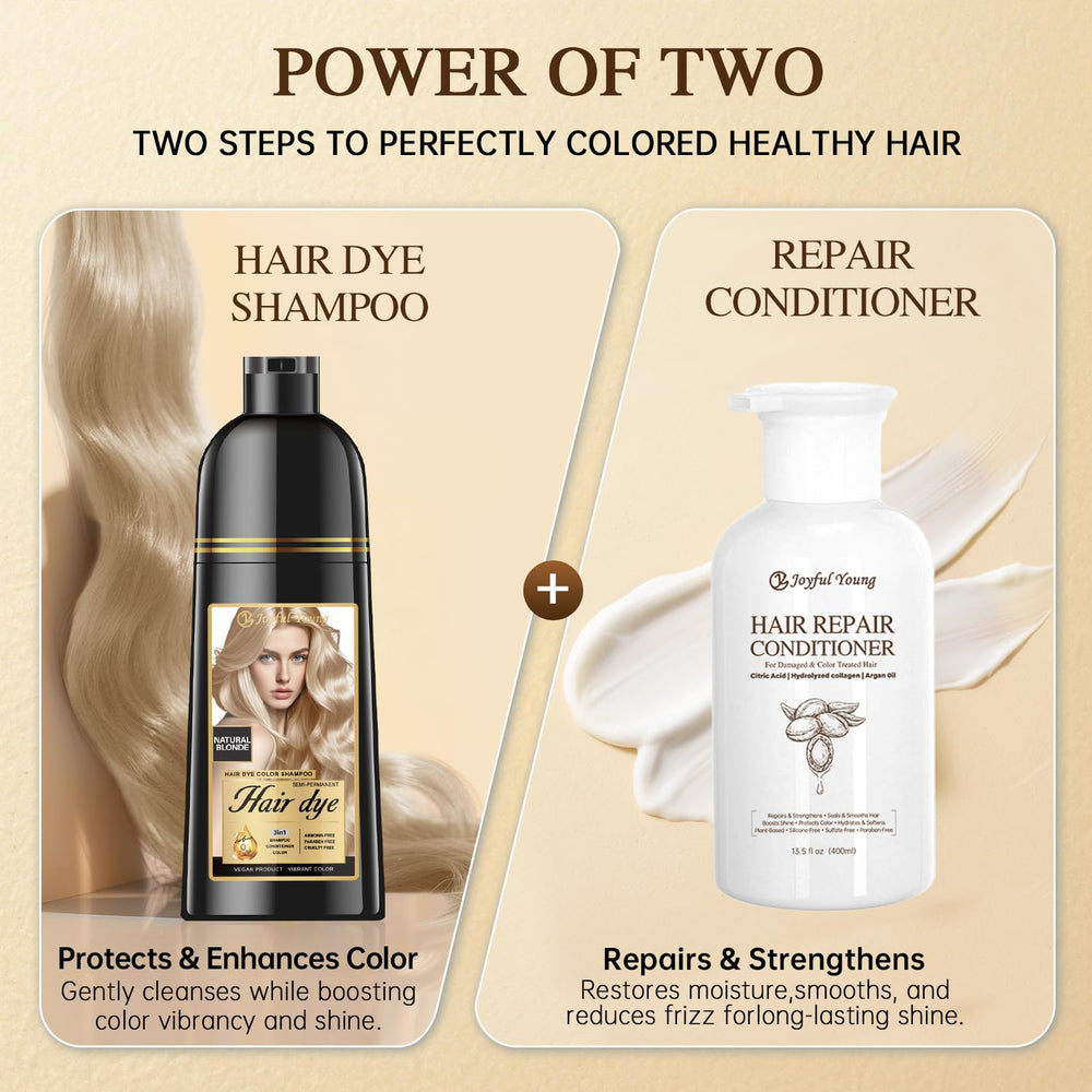 Joyful Young Natural Blonde in mirror setup hints at vibrant, nourished-looking hair after at-home color.