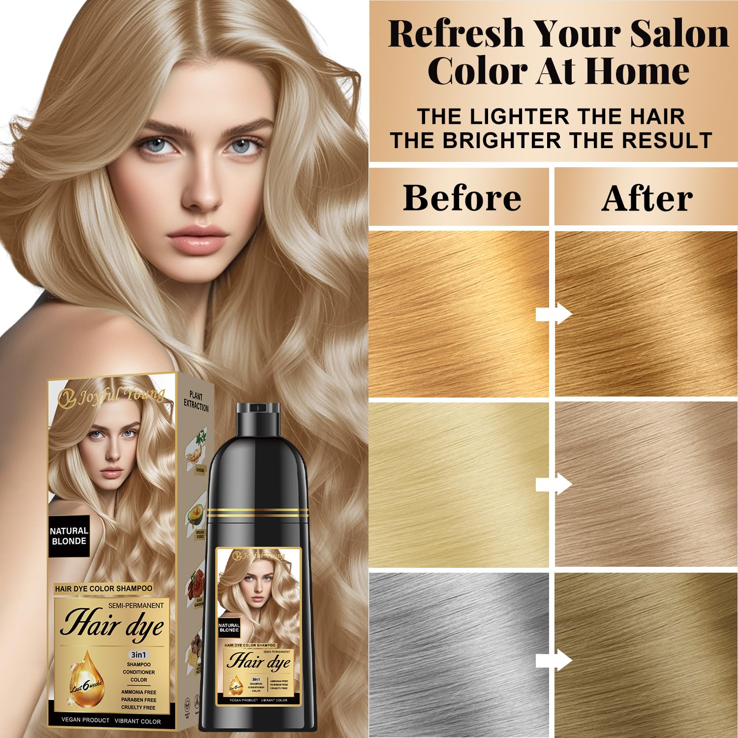 Joyful Young Natural Blonde bottle on shelf suggests semi-permanent color with natural dyes for at-home coverage.