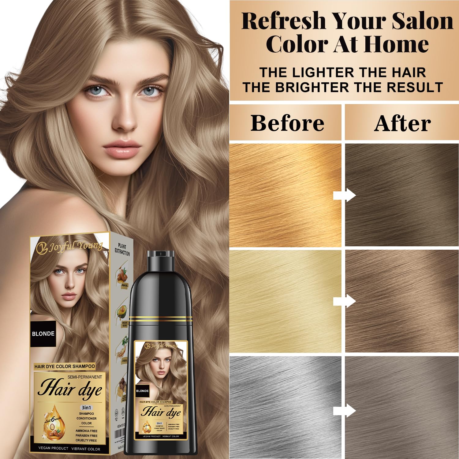 Joyful Young color-depositing shampoo applied to hair strands for subtle, natural-looking coverage.
