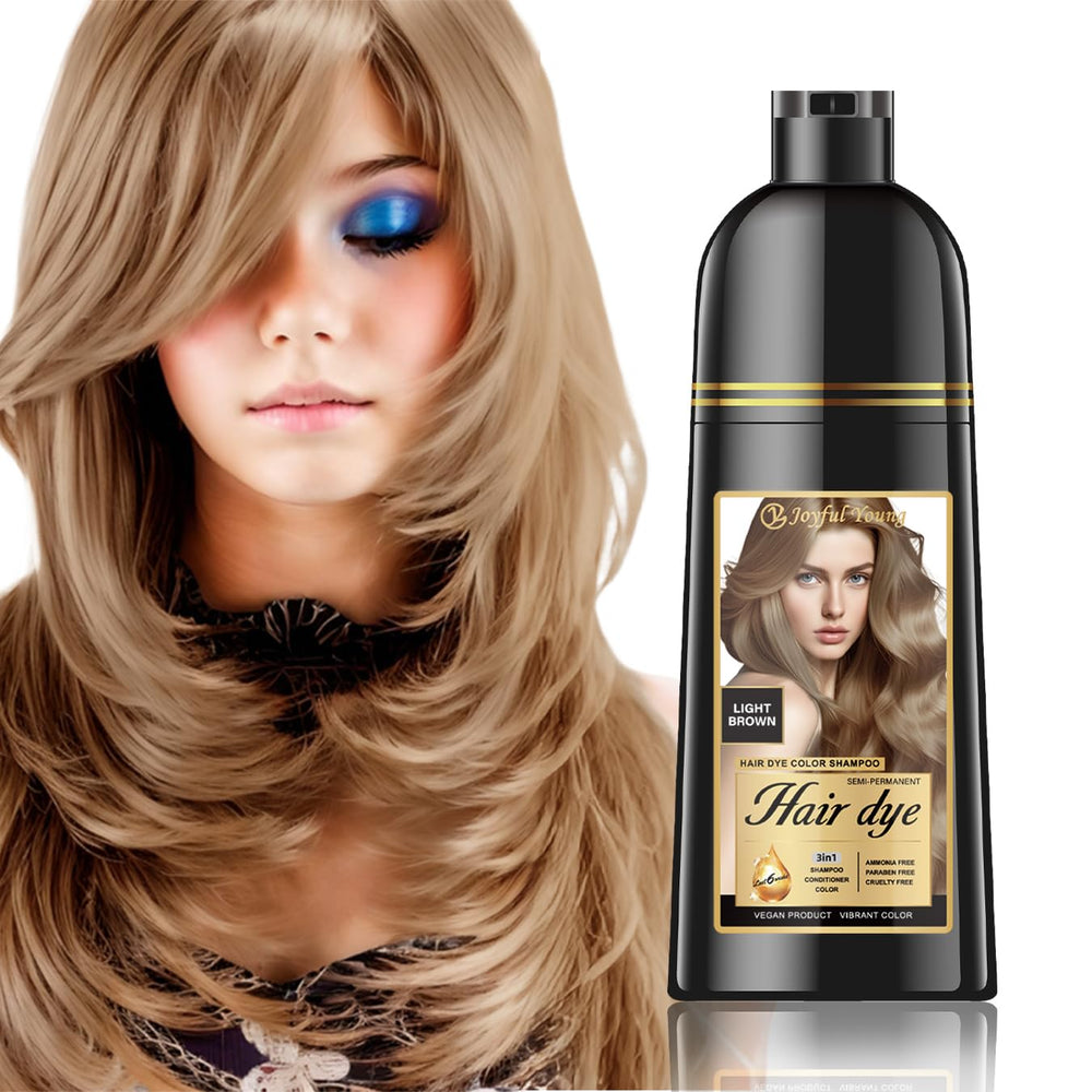 Joyful Young Natural Color Hair Dye Shampoo bottle close-up for easy gray coverage.