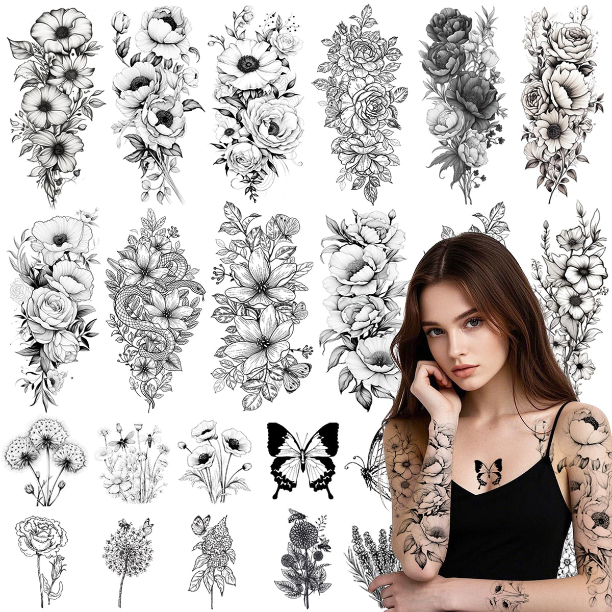 JoyfulGlam 26-sheets floral 3D tattoos for realistic body art accents