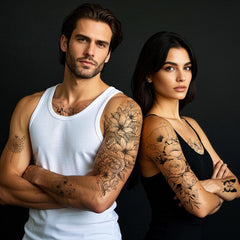 JoyfulGlam arm and neck tattoos shown for versatile styling