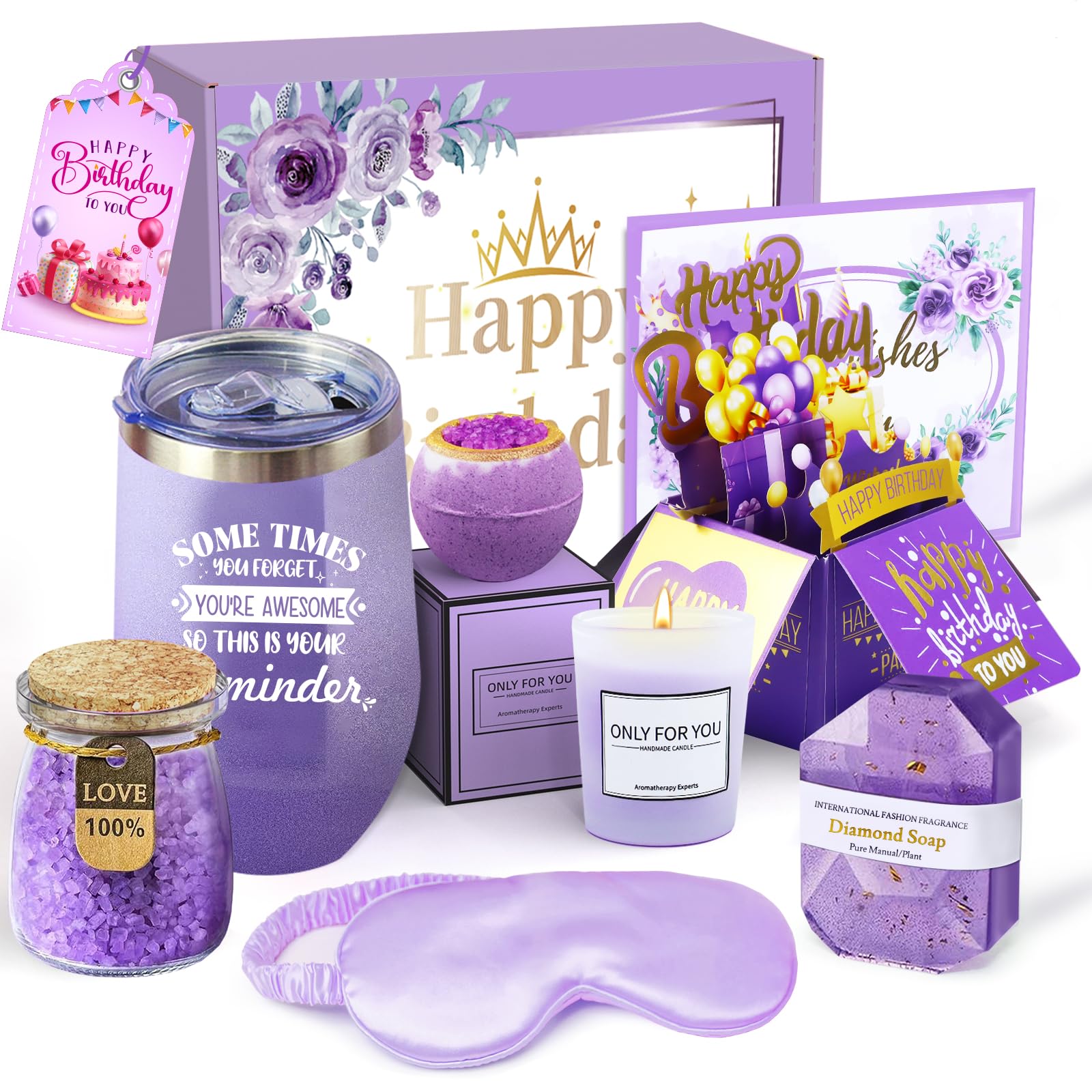 Joyvella lavender spa gift basket main box ready for gifting with a calming lavender theme.