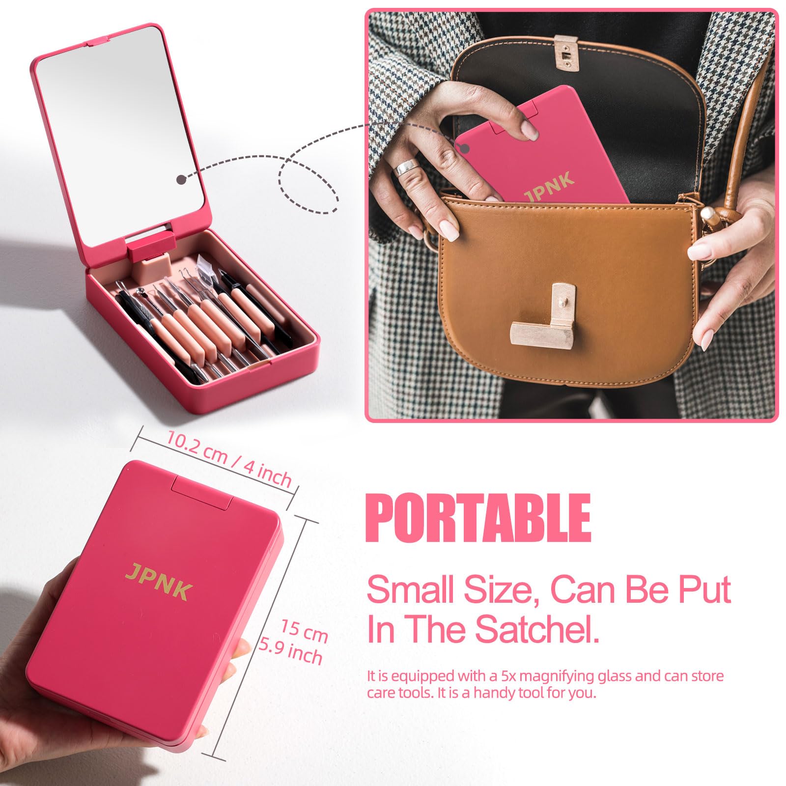 JPNK portable mirror case keeps tools organized for travel or bedside use.