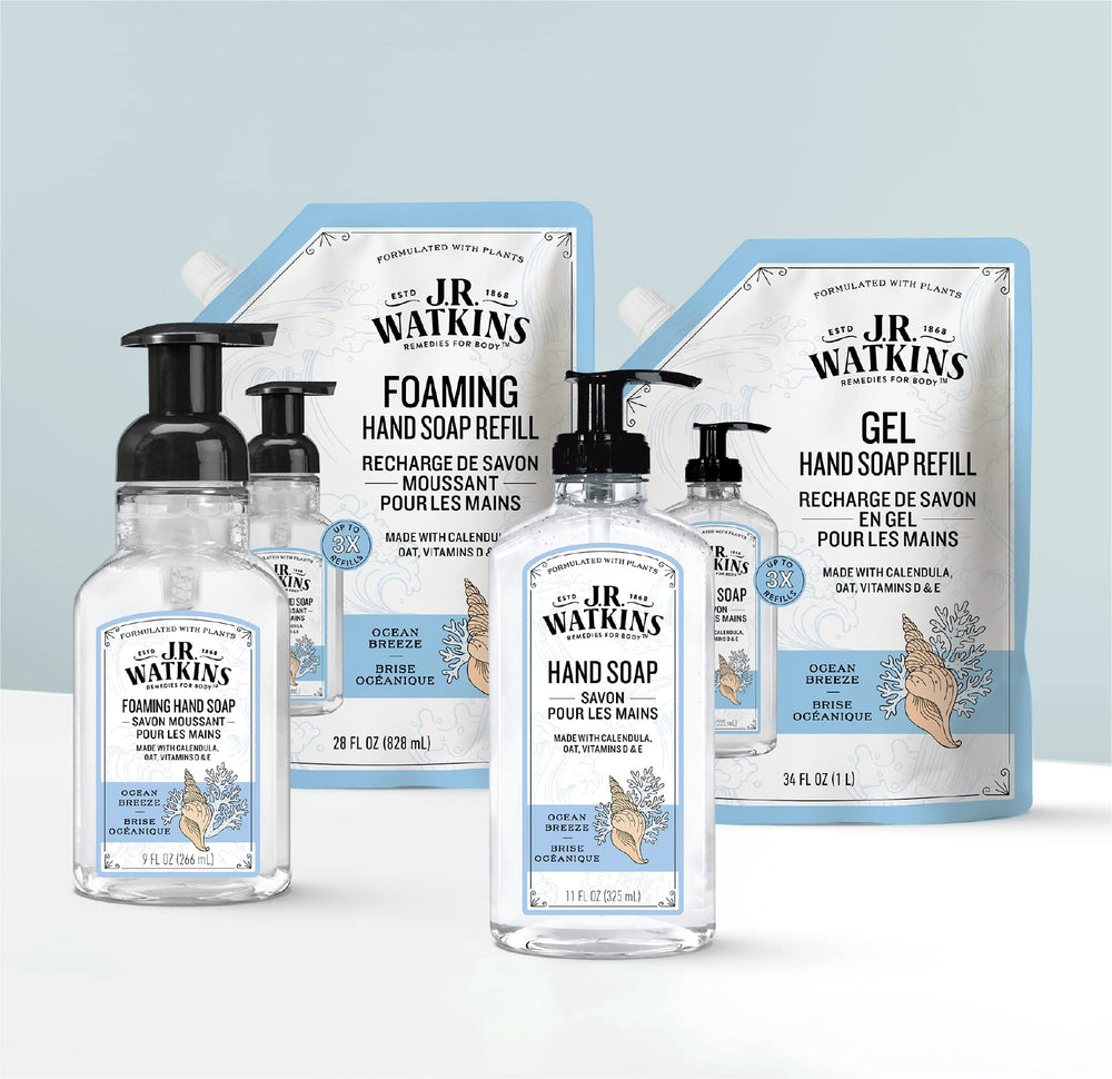 Three-pack packaging of J.R. Watkins foaming hand soap for family use.