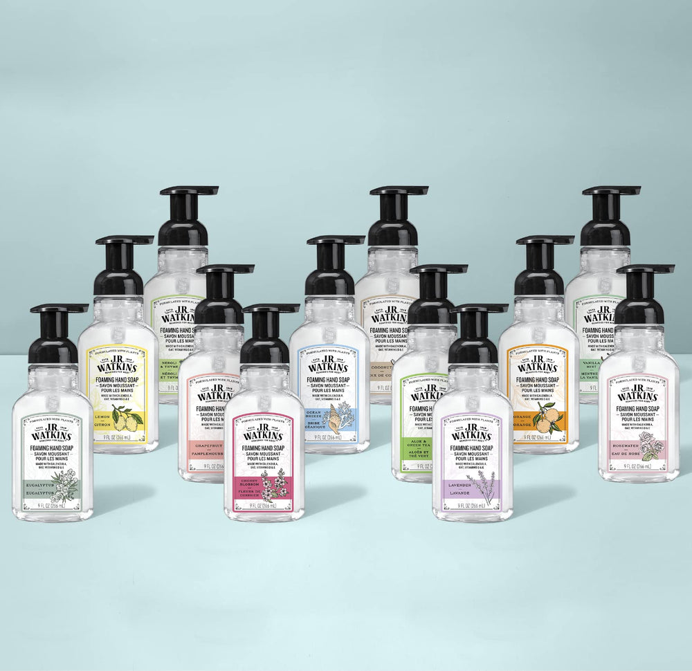 Foam texture of J.R. Watkins hand soap indicating easy rinse and soft skin.