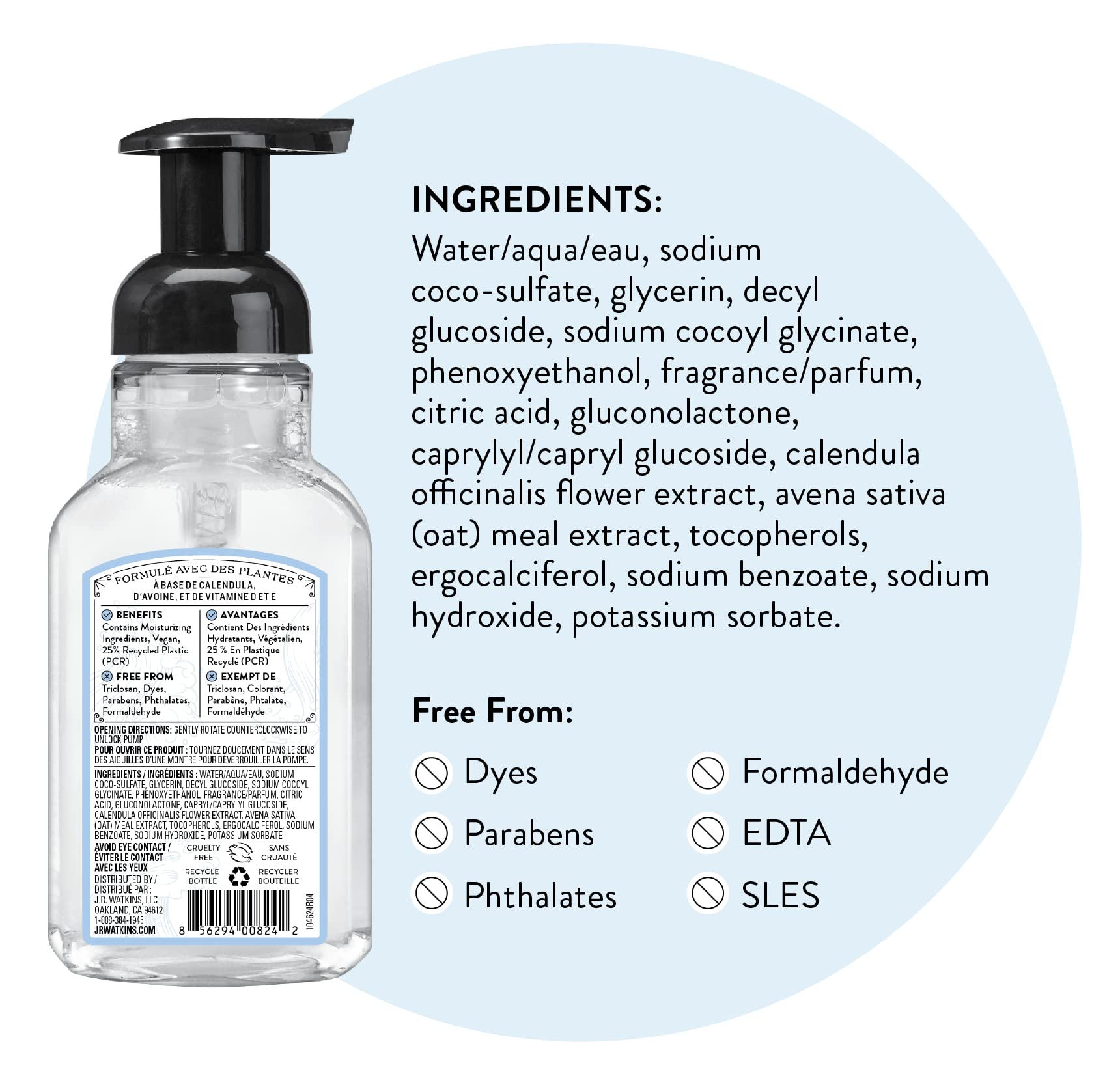 Label detail on J.R. Watkins Ocean Breeze soap highlighting clean ingredients.