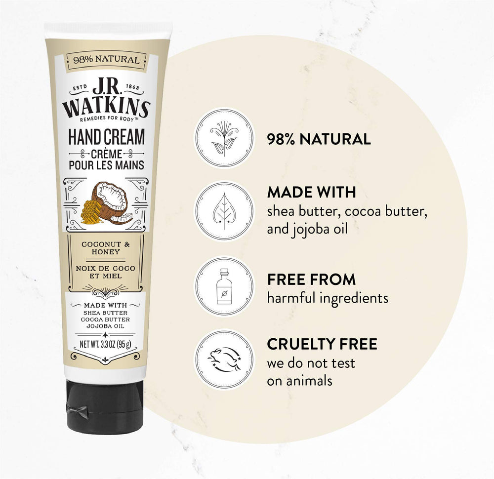 J.R. Watkins coconut hand cream bottle highlighting daily moisture and smoothness.