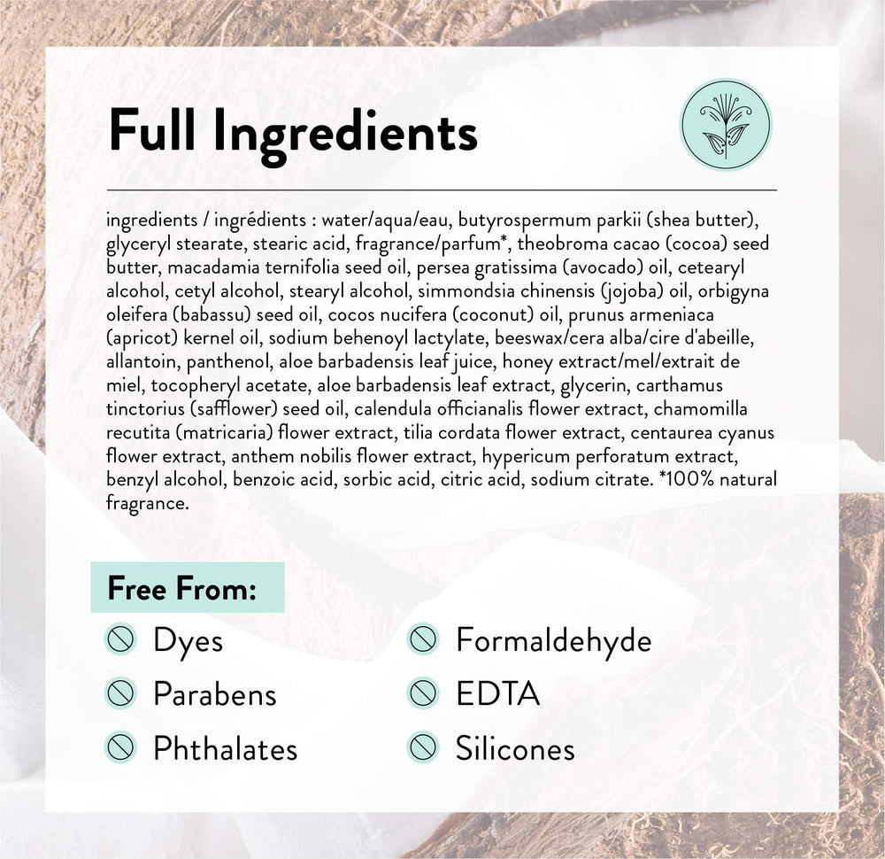 J.R. Watkins coconut hand cream ingredients—shea, cocoa, avocado—for rich nourishment.