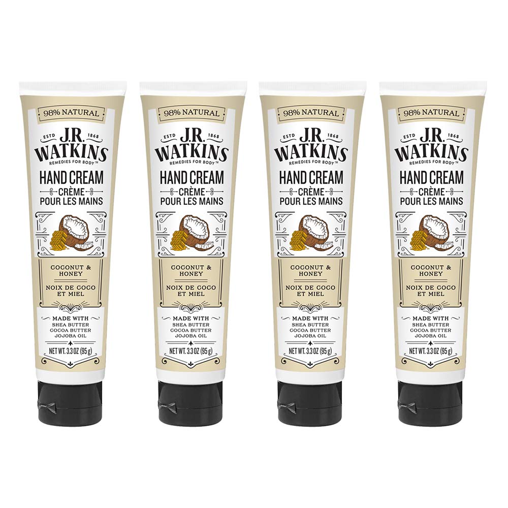 J.R. Watkins coconut hand cream tub close-up showing rich hydration for soft hands.