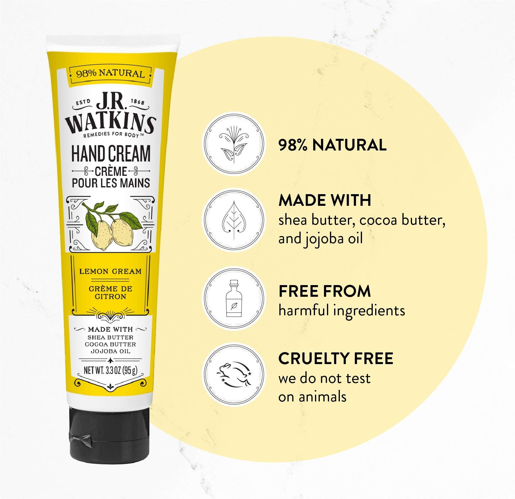 J.R. Watkins Hand Cream Lemon texture close-up emphasizes rich shea and cocoa butter hydration