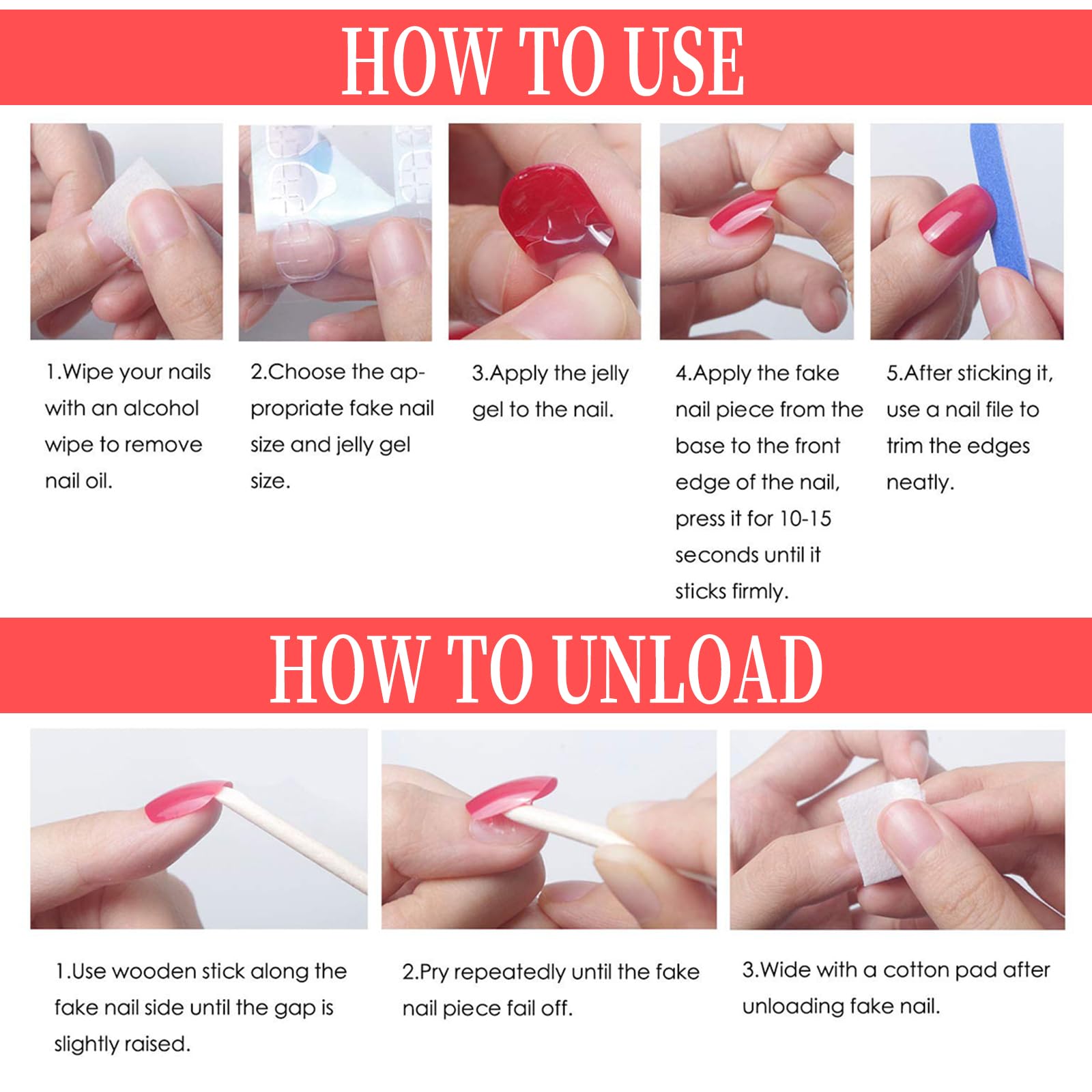 Jremg jelly glue included for quick temporary nail application.