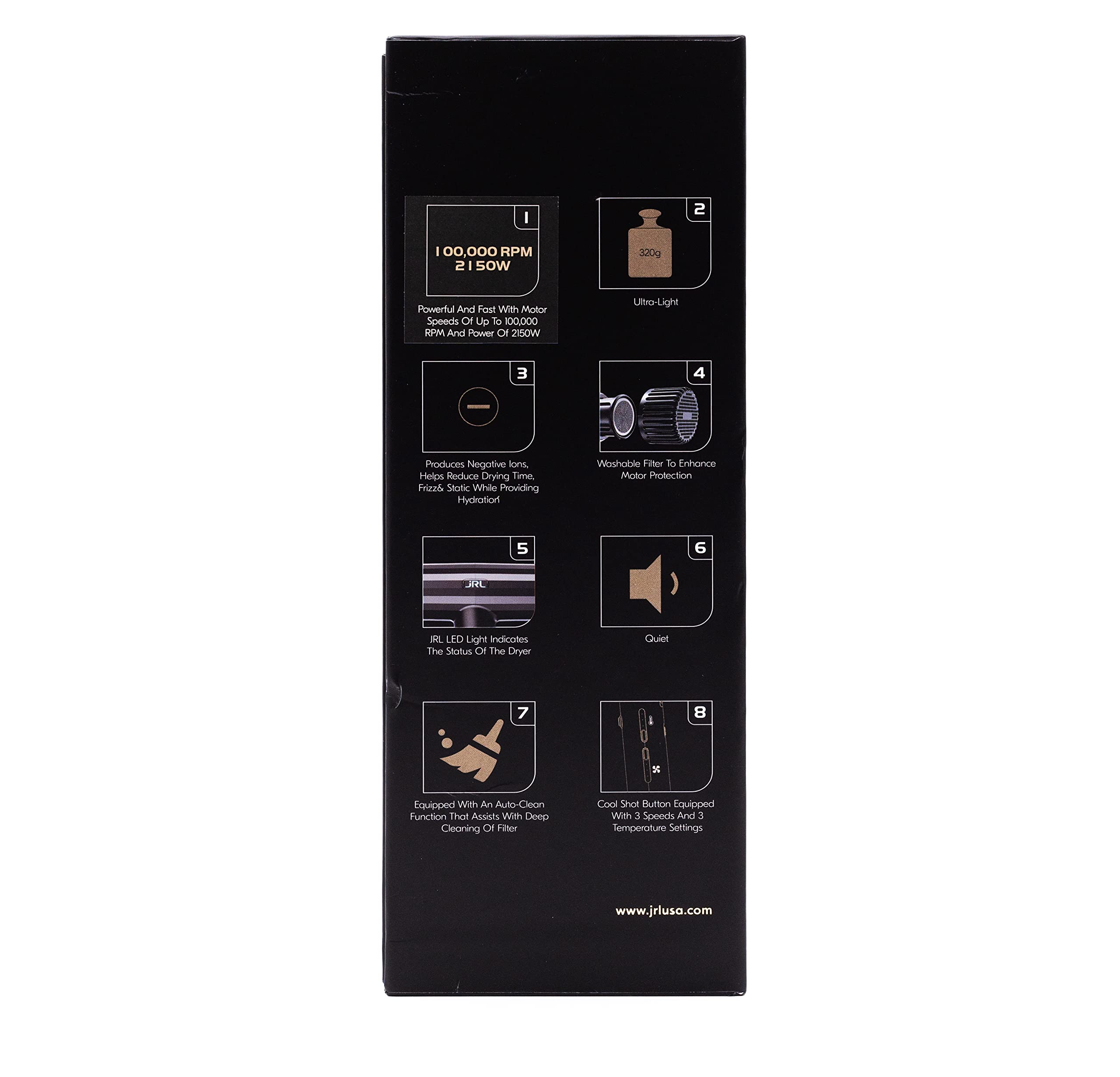 JRL Forte Pro Dryer includes diffuser and nozzles for diverse hairstyles.