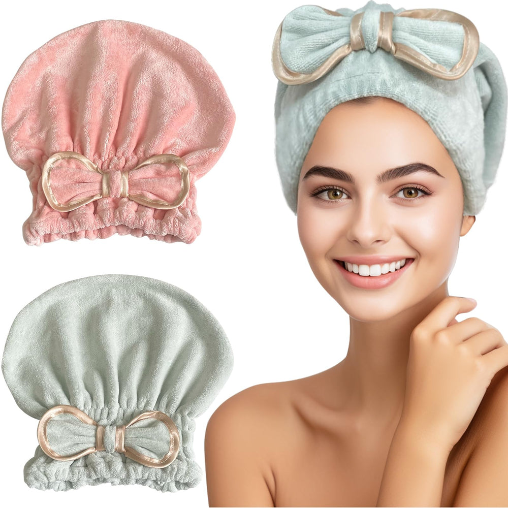Jseng microfiber hair towel cap with bowtie and golden edge dries hair securely