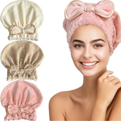 Jseng microfiber hair towel cap cream bow close-up highlights fast drying.
