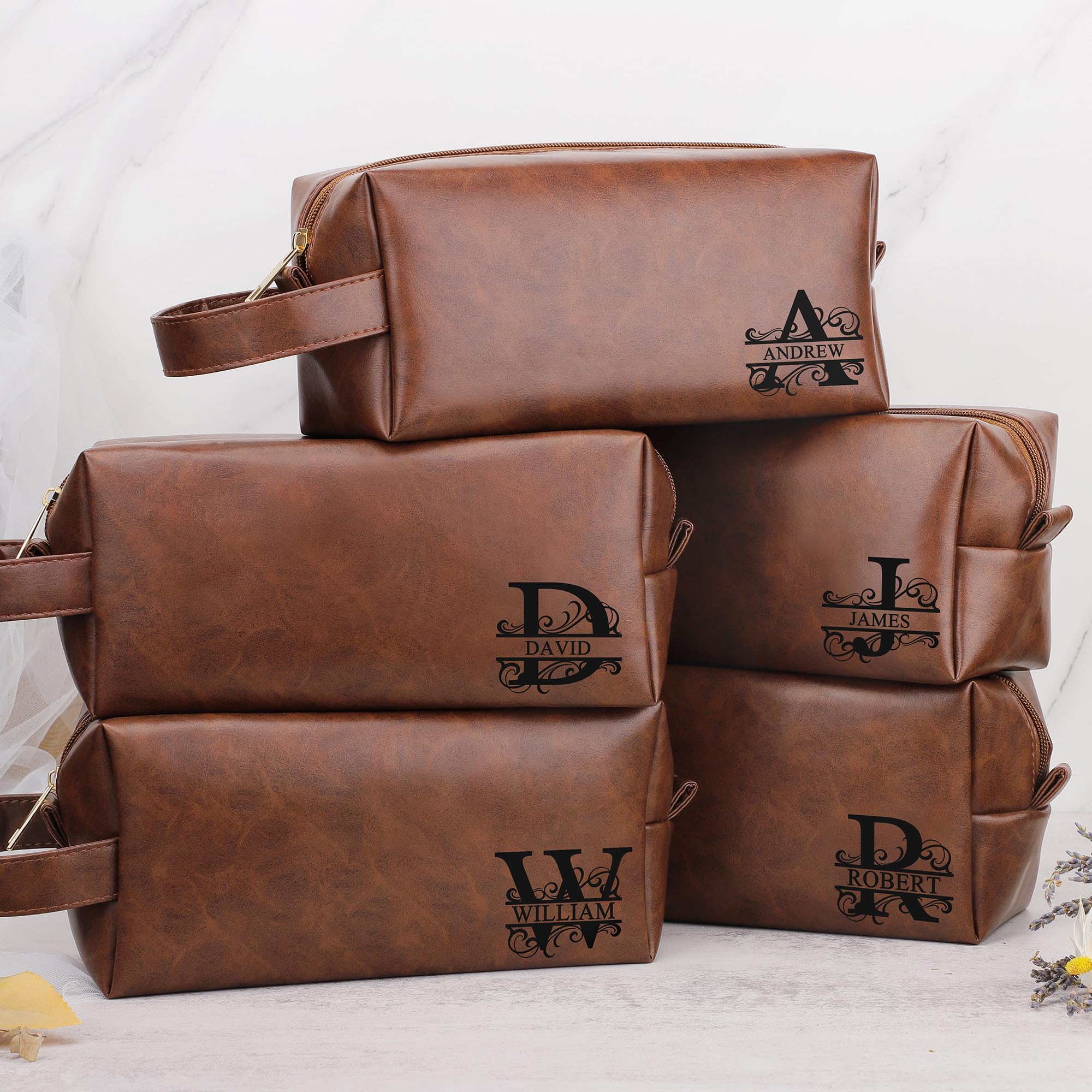 JSENGIFT waterproof leather toiletry bag hanging in bathroom for easy access