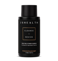 JSHealth Purifying Keratin Shampoo bottle highlights vegan, sulfate-free cleansing for color-treated or dry hair.