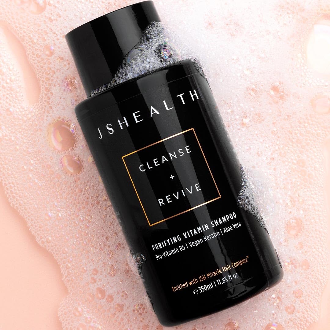JSHealth Purifying Keratin Shampoo scalp-massage scene emphasizes nourishing complex and detangling benefits.
