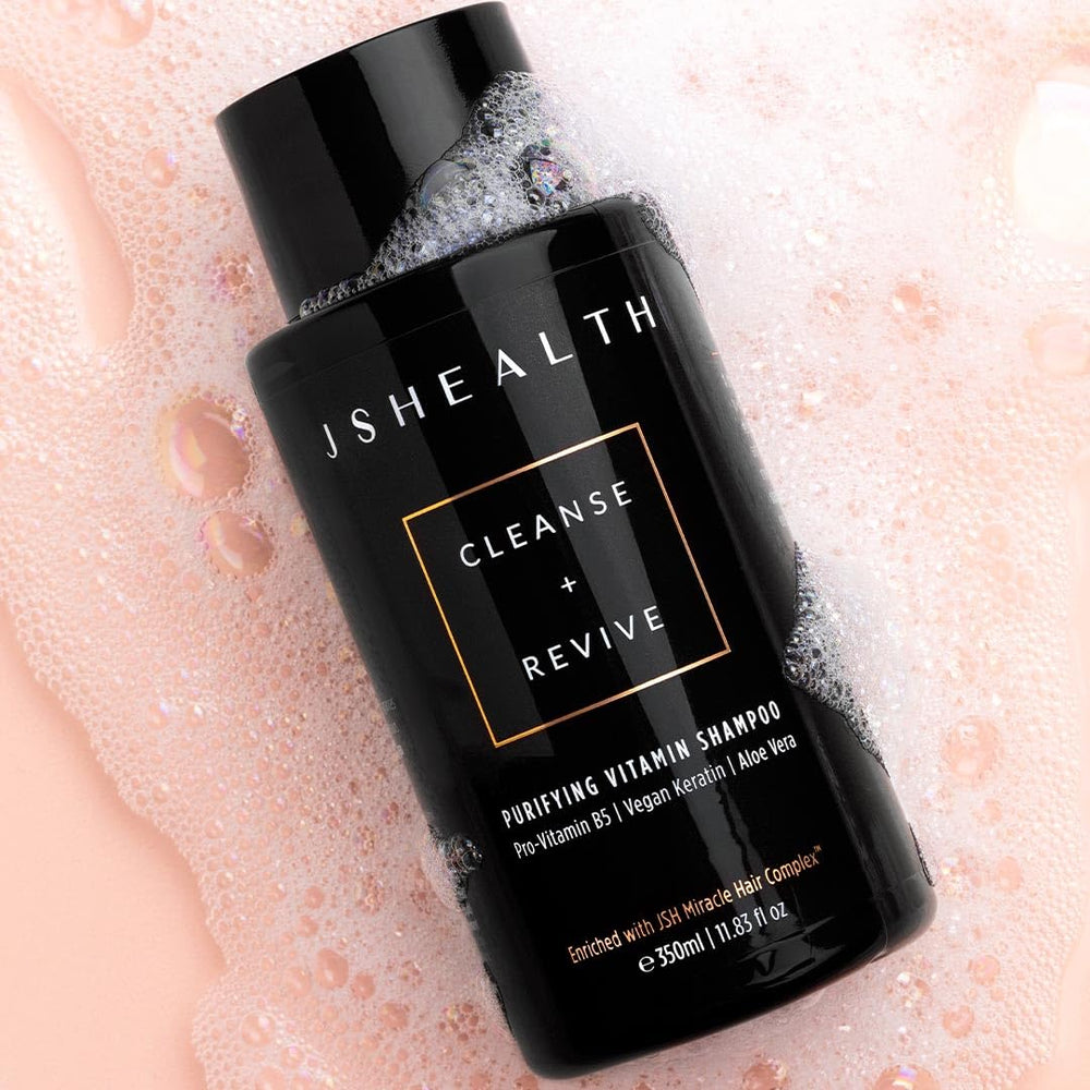 JSHealth Purifying Keratin Shampoo scalp-massage scene emphasizes nourishing complex and detangling benefits.