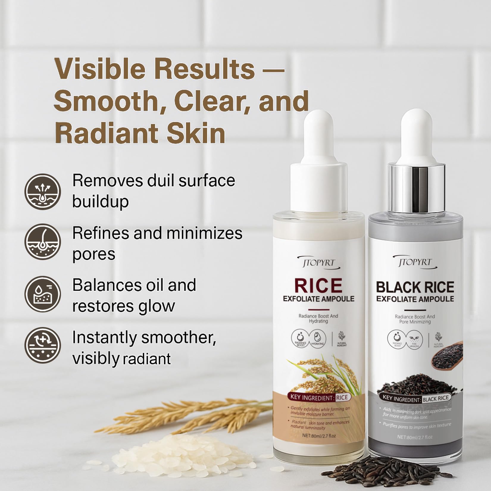Jtopyrt Glow White Rice Exfoliate Ampoule pore-refine closeup suggests clearer-looking skin.