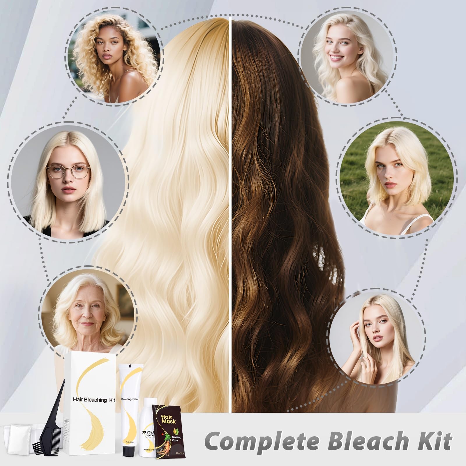 JUANCHI Gentle Cream Hair Bleach Kit before-after image hints home lifting possibilities.