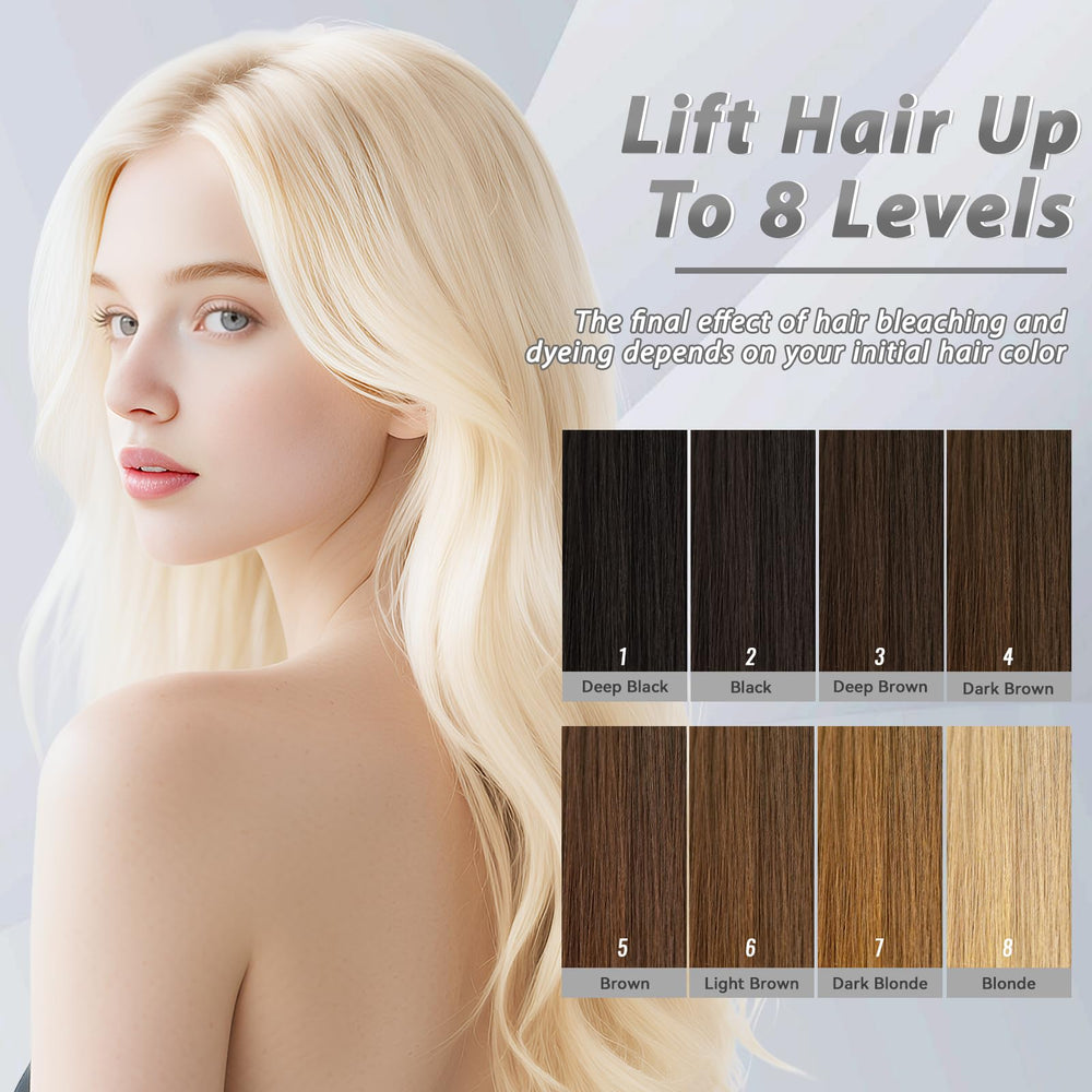JUANCHI Gentle Cream Hair Bleach Kit developer bottle shows multi-strength compatibility.