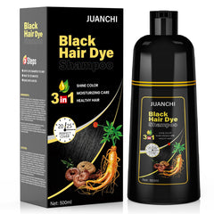 JUANCHI Black Hair Dye Shampoo pack shot for quick gray coverage and convenient care.