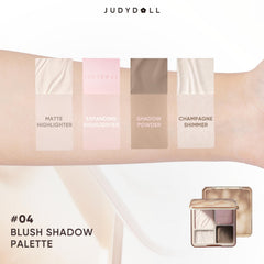 JUDYDOLL all-in-one face palette swatches demonstrate versatile shades for sculpting and glow.